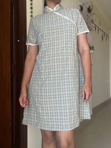 Green Plaid Cheongsam Mini Dress