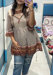 Tan and brown printed Kurti style top
