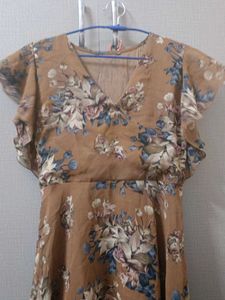 Floral brown fit and flare dress with ruffle sleev