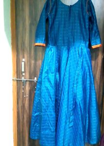 Blue Embroidered Anarkali Dress With Red Dupatta