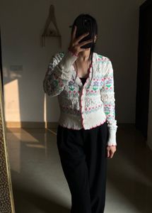 Zara Floral Jacquard Embroidered Knit Cardigan