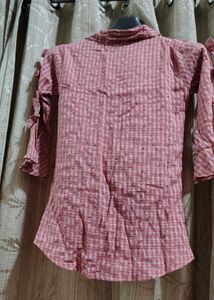 Pink Plaid Button-Up Blouse with Sleeve Detail