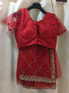 Red Saree with white Diamonds and Stitched Blouse
