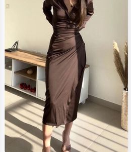 Brown Satin Blouse With Wrap Skirt