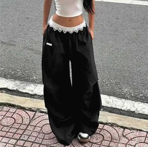 Baggy Black Pants with Lace Trim