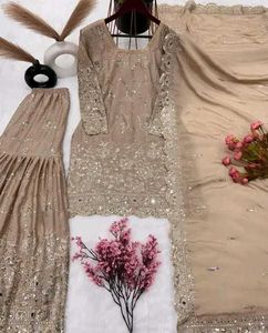 Elegant Beige Embroidered Kurta Set