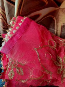 New golden work pink dupatta for women
