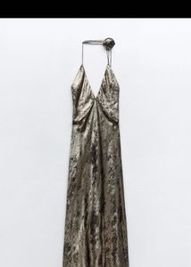 Long foil Backless  Dress With flower Detail