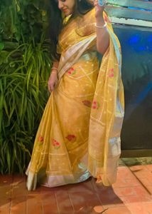 yellow soft organza saree