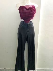 Maroon Top With Leather Pant Combo