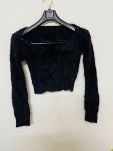 Korean Black Faux Fur Crop Top For Women