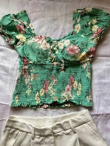 Floral green shirred crop top with puff sleeves