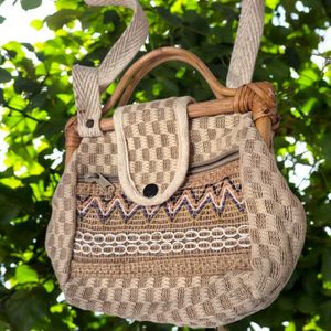 Handwoven Boho-Chic Sling Bag with Bamboo Handles