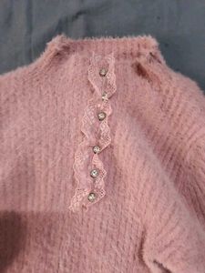 Pink Fuzzy Knit Lace Trim Dress