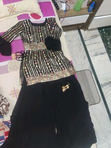 Black &amp; Golden Sequence Embroidered Kurti &amp; Shara