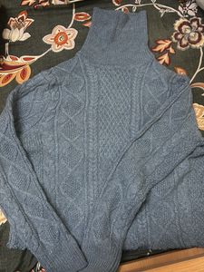 Blue Cable Knit Turtleneck Sweater