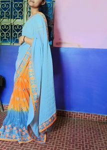 Orange And Silver Colour Saree