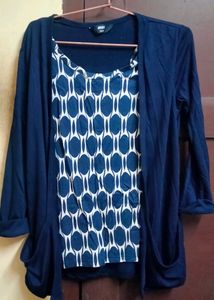 i will buy it from max .. it is xs in size ... blue-white colour.... attached top... with 2 pockets and 3-4th sleev.