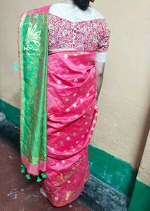 Parrot Green And Pink, Peacock Work Saree