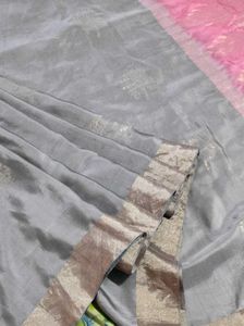 Grey With Baby Pink Soft Silk Saree