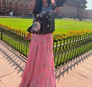 olive green satin top with cotton pink skirt