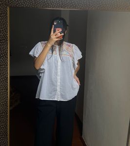 Embroidered Cotton Linen Flutter sleeve Tops