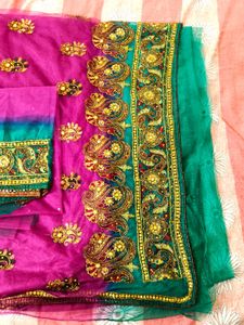 Purple &amp; Green Heavy Embroidered Net Saree with Bl