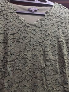 Elegant Olive Green Lace Overlay Top – Size 12 (CO