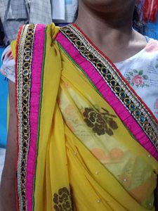 BEAUTIFUL YELLOW SAREE WITH PINKMIRROR LACE BORDER