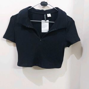H&M Divided Black Ribbed Polo Crop Top