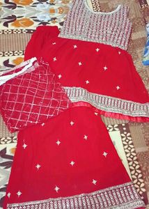 Red Embroidered sharara suit Set
