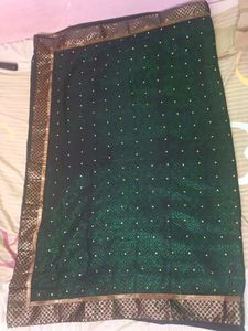 Unworn Gold Stone Saree With Green Allover Print