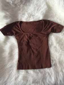 Brown Ribbed Square Neck Top