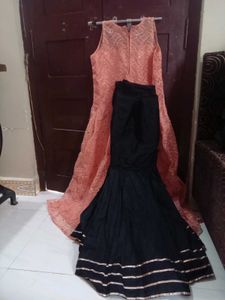 Peach &amp; Black Gharara Set with Golden Lace