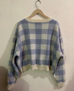 Pastel Blue &amp; Cream Checkered Knit Sweater