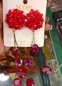 Red Beaded Dangle Earrings