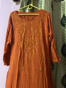 Rust Orange Rayon Mukaish Chikankari Kurta