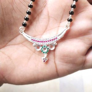 Pure Silver Beautiful Green &amp; Pink CZ Mangalsutra