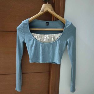 Blue Ribbed Long Sleeve Coquette Crop Top