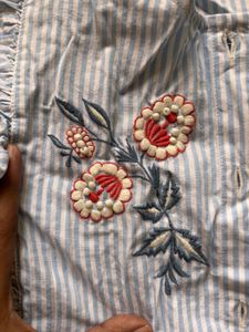 Striped Floral Embroidered Ruffle Shirt