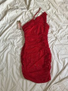 red ruched mini one shoulder dress