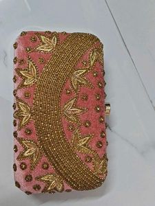 Pink Velvet Beaded Clutch