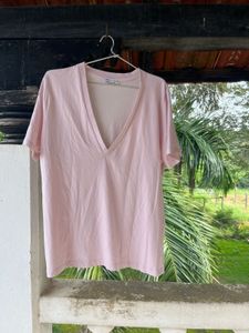 Pink V-Neck Casual T-Shirt