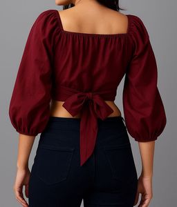 Maroon Puff Sleeve Back Tie Crop Top