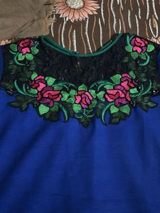 Blue Kurta with Floral Embroidery