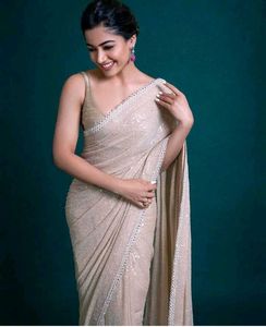 Elegant Party Wear Sequins Cream Saree