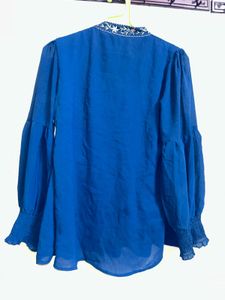 Elegant Blue Tie-Neck Top