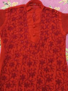 Red Embroidered Kurta