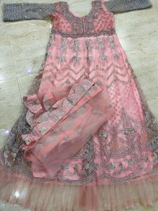 Elegant Pink &amp; Silver Anarkali Gown