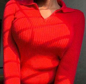Red Ribbed Knit Polo Top